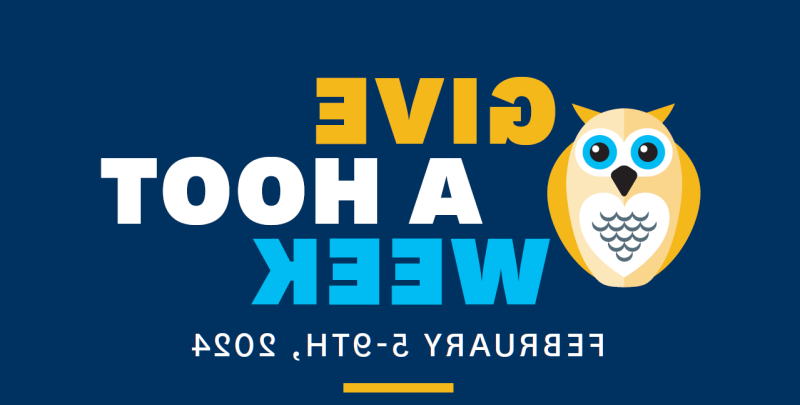 一只海军蓝背景上的黄色猫头鹰, 上面写着:“2月5日至9日，请开怀大笑一周。, 2024."